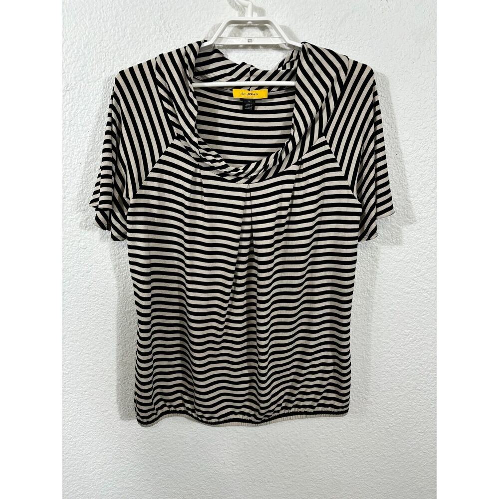 St John Top Womens Medium Striped Short Sleeve Mock Turtleneck‎ Black Beige
